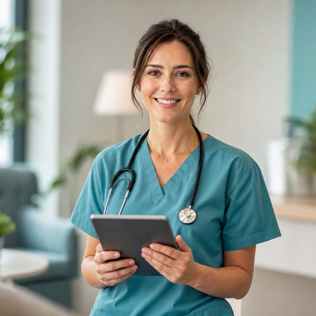 Friendly nurse in teal scrubs holding a tablet for hepatitis C telehealth care