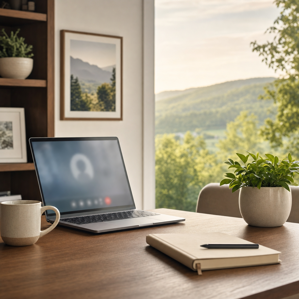 Private telehealth visit workspace with a secure video-call laptop